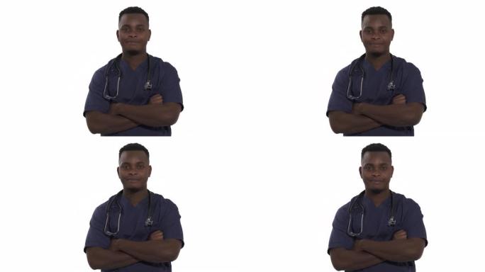 年轻的非洲医生双臂交叉站着的特写镜头，微微点头。赞同手势，积极符号，肢体语言概念