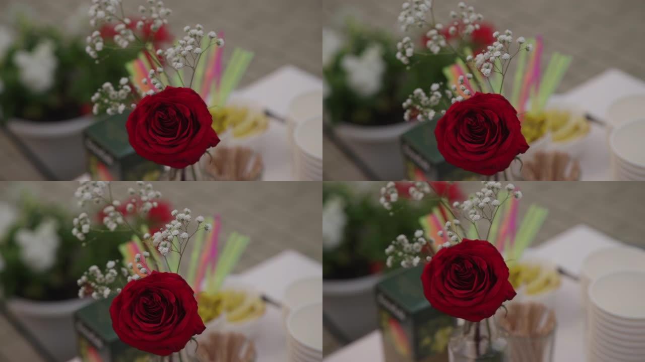 家庭室内白色桌子上红玫瑰和盘子的特写视图
