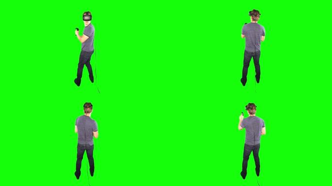 男人在VR中向后看并玩耍。