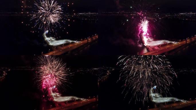 庆祝胜利日期间，沃罗涅日上方的烟花，无人机拍摄的鸟瞰图