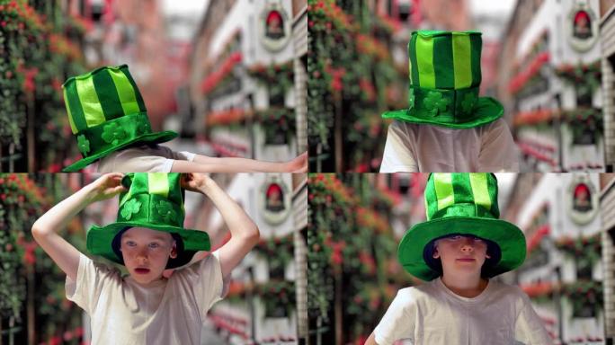 圣帕特里克节戴绿色爱尔兰帽子的男孩