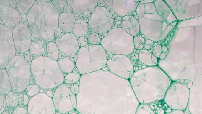 彩色肥皂泡沫与爆裂气泡背景。摘要生物结构，大分子模式。蓝色墨水填充了在液体中形成的大量白色气泡。自然