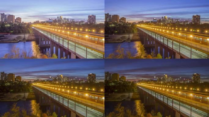 黄昏时分，明尼阿波利斯在密西西比河华盛顿大桥上的广角延时拍摄