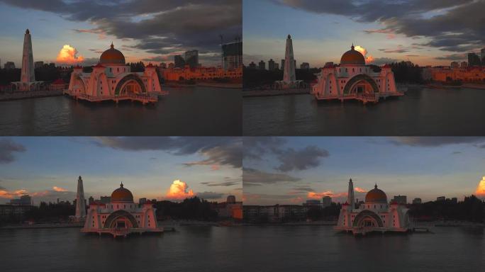 马来西亚马六甲浮动清真寺的4k镜头日落小时。