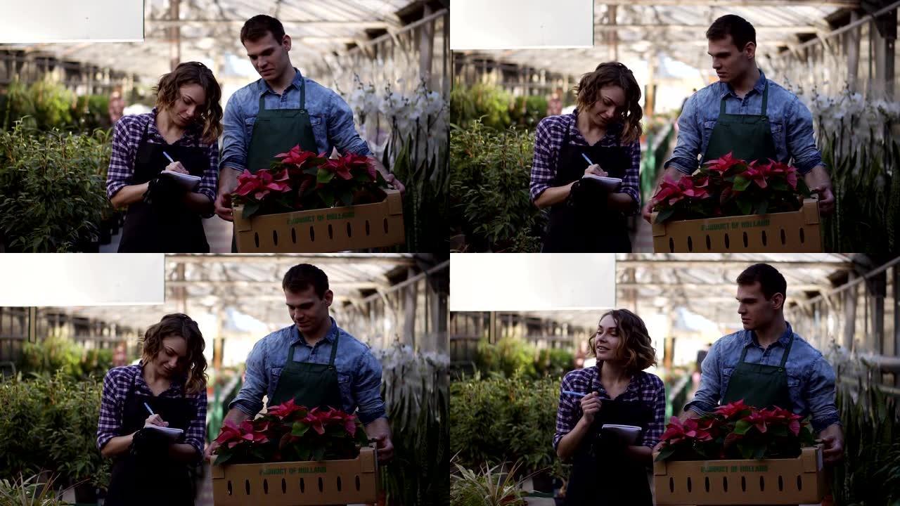 穿着衬衫和绿色围裙的英俊男性园丁带着粉色花朵植物的纸箱，一边和他的同事散步 -- 一个做笔记的好女孩