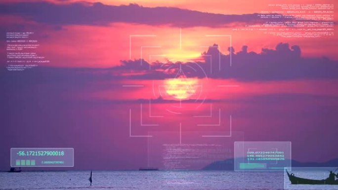 日落和紫云在海上上空聚焦移动渔船通过和数字分析AI
