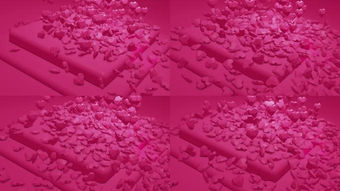 粉色魅力落下的多边形心。情人节。活动背景。3D渲染可循环动画4k