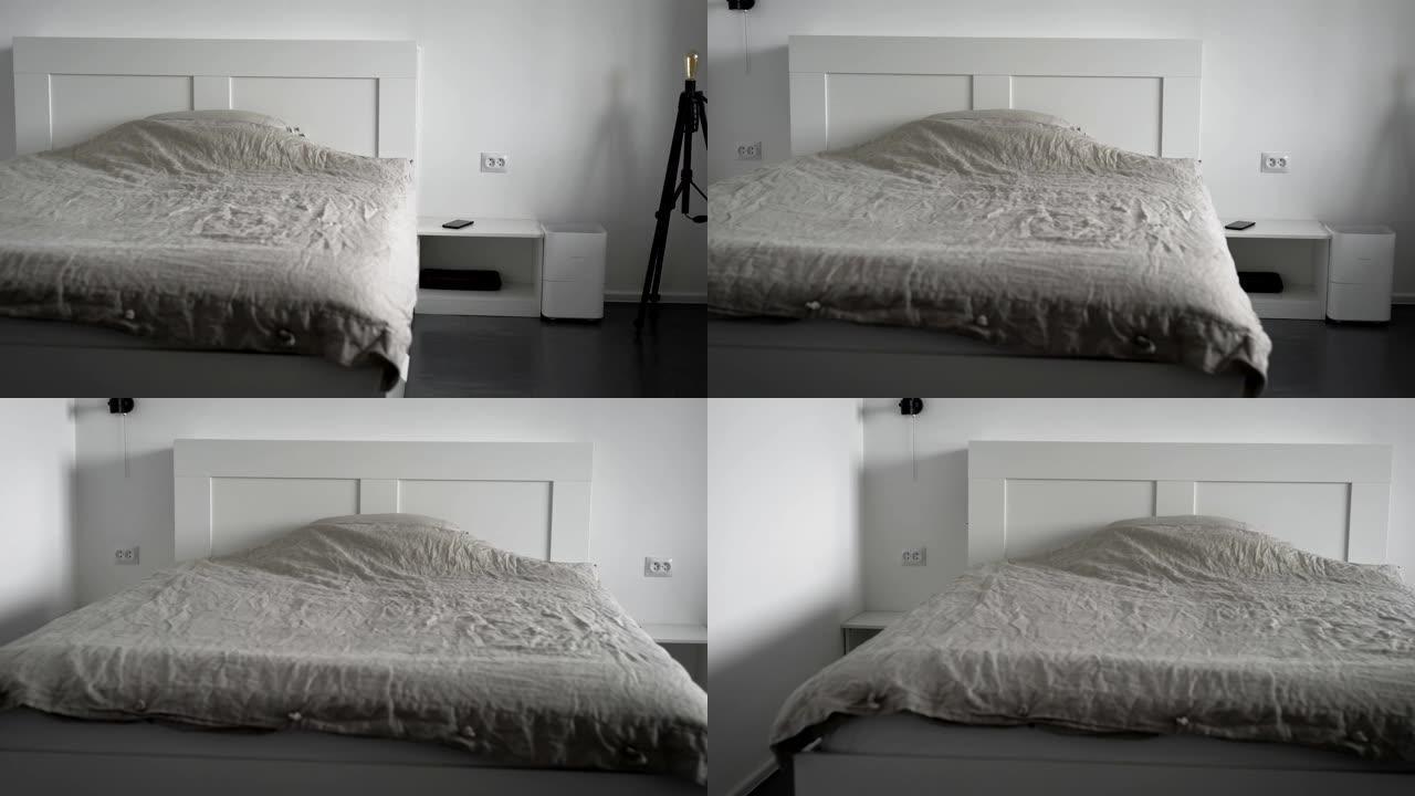 白色床，灰色亚麻，现代室内设计，无装饰