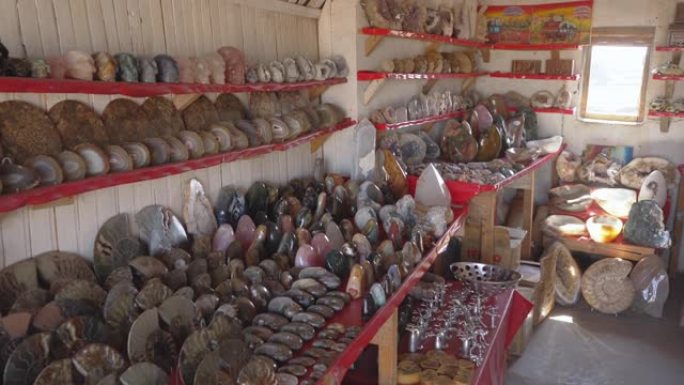 马达加斯加塔那那利佛纪念品市场展出的菊石化石和石化木材纪念品
