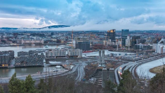 奥斯陆挪威延时4K，鸟瞰图城市天际线在商业区和条形码项目中延时