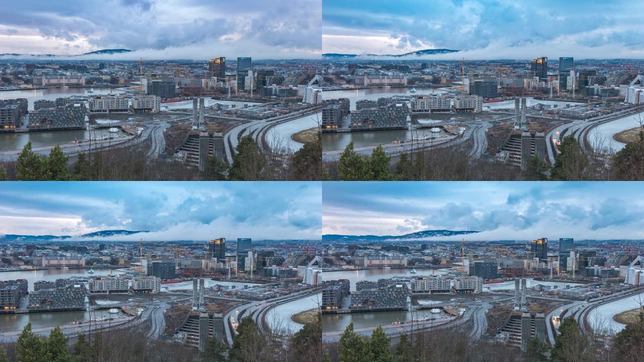 奥斯陆挪威延时4K，鸟瞰图城市天际线在商业区和条形码项目中延时