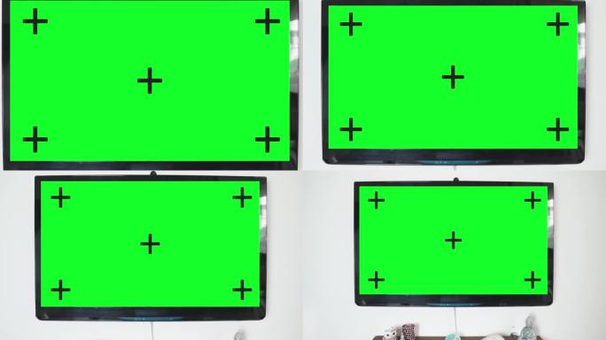 放大模拟电视，带有绿色屏幕的智能屏幕，带有跟踪标记的alpha通道。
