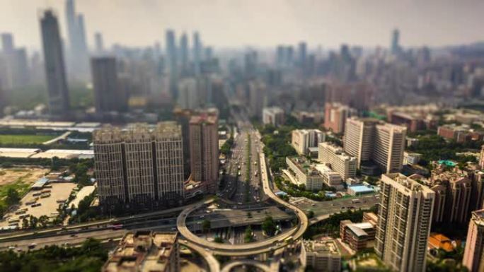 晴天广州城市景观著名交通路口空中倾斜移位全景4k延时中国