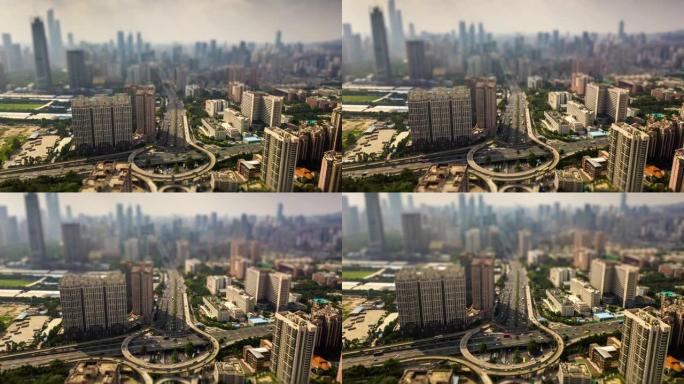 晴天广州城市景观著名交通路口空中倾斜移位全景4k延时中国
