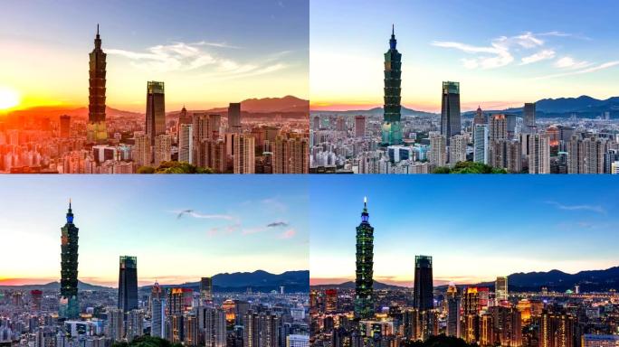 台北101背后的日落和ctyscape场景的延时视频，白天到晚上