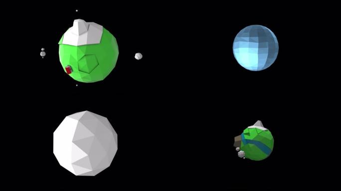 卡通风格的地球空间视图序列渲染在黑暗背景上旋转。