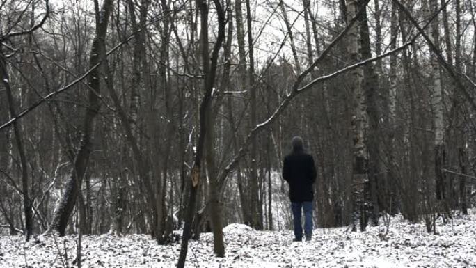 男子在冬季树林中行走
