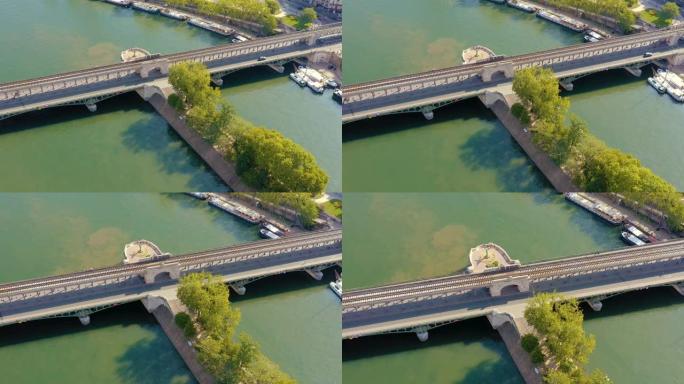 法国巴黎-2019年5月: 用桥梁俯瞰塞纳河河畔的空中无人机。