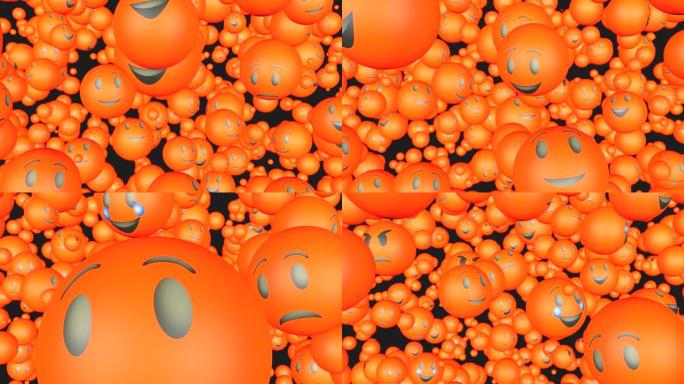 脸上不同情感的橙色球的3d动画。许多表情符号像社交网络聊天论坛中的人一样交流