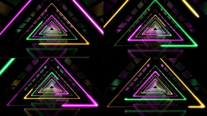 抽象霓虹色环形三角隧道