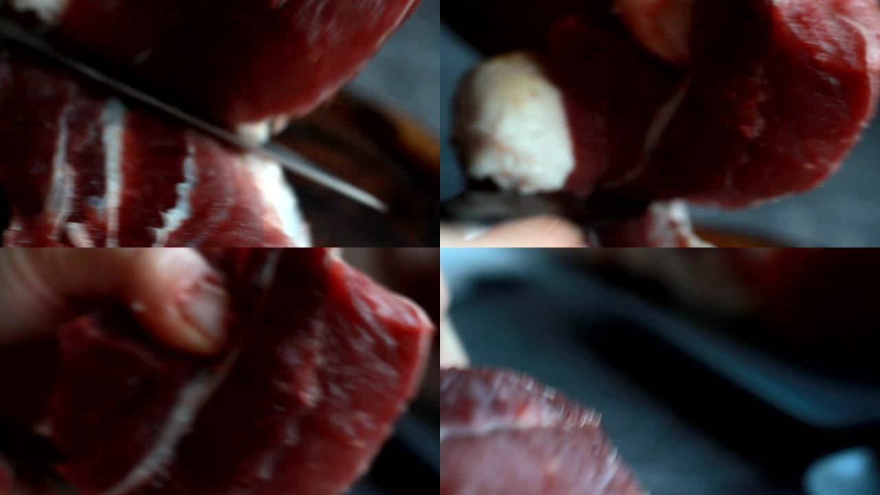 猪肉指节卷的分步食谱，女厨师将肉与骨头分开，生酮饮食，低碳水化合物饮食，选择性聚焦