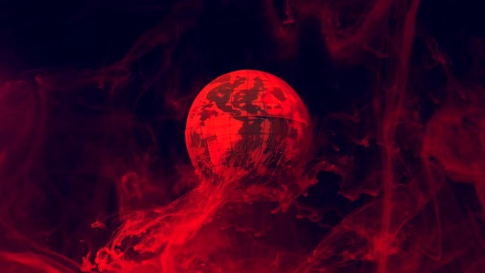 火热背景下的地球。黑色背景上的红色橙色水彩墨水。
