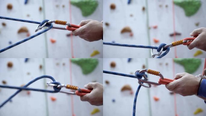登山者设置绳，带karabiner的护线绳，用于在人造墙上进行室内攀爬