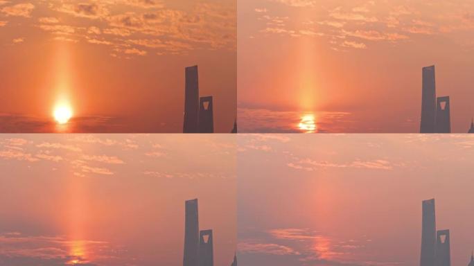 日落与剪影上海地标背景，延时4k镜头。