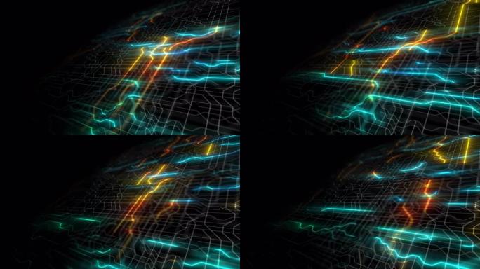 电路板、主板、数字芯片的4k回路。科技科学背景。集成通信处理器。博克信息工程组件。3D渲染计算机硬件