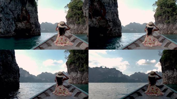 考索克泰国，在泰国度假的女人，泰国考索克国家公园长尾船上的女孩