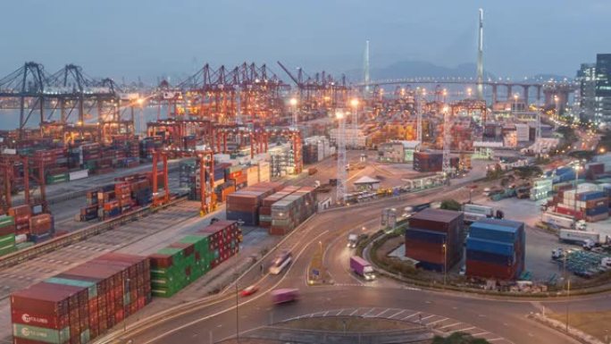 4k日夜延时: 码头商业港口或集装箱仓库，用于商业物流，进出口，运输或运输
