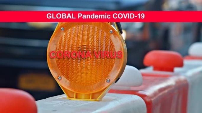 全球大流行，取消了美国旅行检疫冠状病毒COVID-19橙色建筑板和城市街道上的闪烁灯
