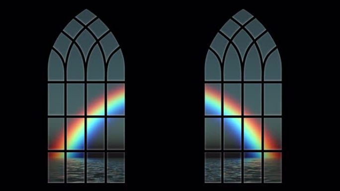 从教堂的窗户看，海洋上的彩虹