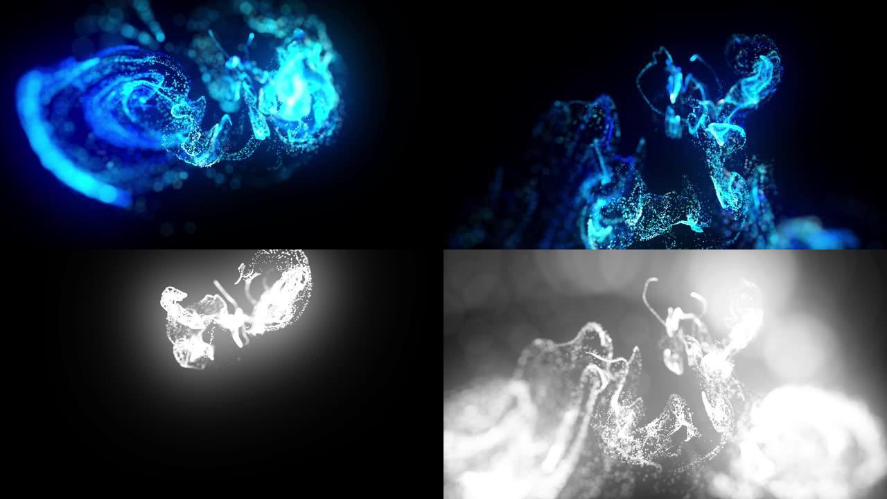 在4k的水中注入荧光蓝色墨水。墨水流中辉光粒子的3d渲染。亮度哑光作为阿尔法通道。闪亮油墨效果平流的