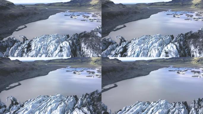冰岛融化的Solheimajokull冰川的空中4k无人机高角度视图。气候变化，冰川融化，全球变暖概