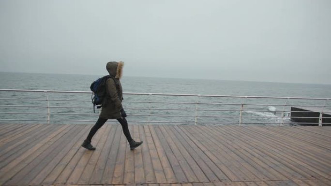 女旅行者背着旅游背包在海滨徒步旅行。望着大海