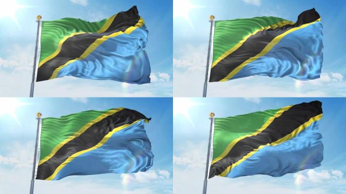 坦桑尼亚国旗在深蓝色的天空中迎风飘扬。国家主题，国际理念。3D渲染无缝循环4K
