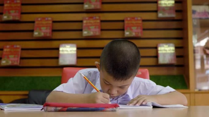 亚洲小学生在图书馆做作业，教育理念