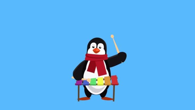 卡通小企鹅扁平圣诞角色播放木琴动画包括哑光
