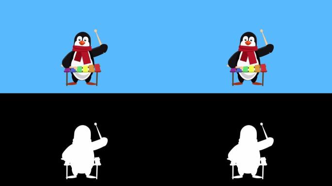 卡通小企鹅扁平圣诞角色播放木琴动画包括哑光