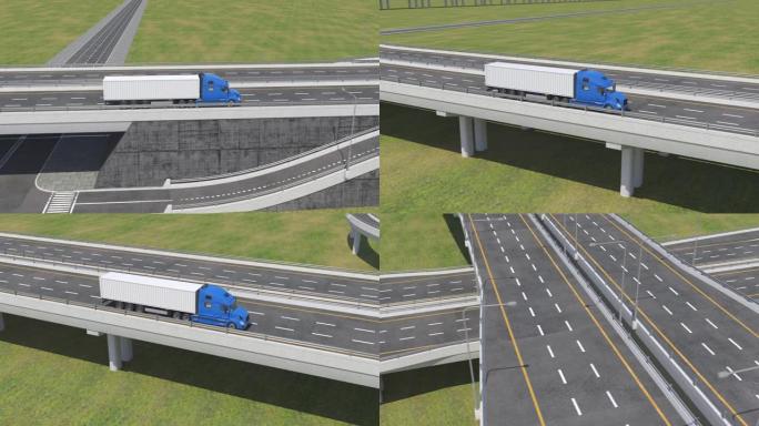 带有货运拖车的半卡车在高速公路上行驶的后续镜头