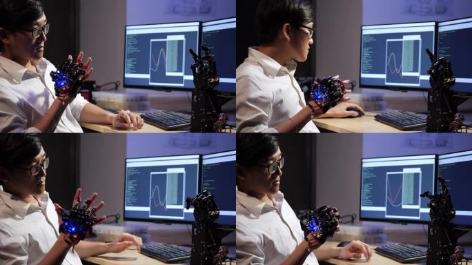 亚洲青少年工程师在实验室组装和测试机器人手臂反应。学生工程师编程控制器电路同步技术与协作开发机器人。