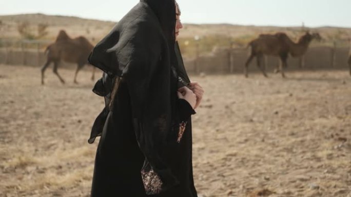 美女民族黑衣，阿巴亚，散步草原骆驼，沙漠，慢慢