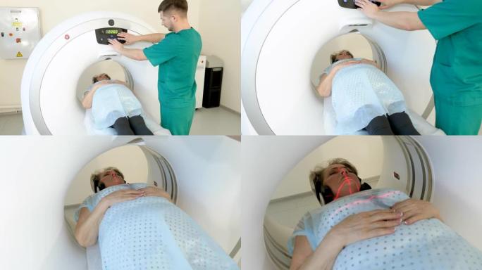 专业放射科医生对接受手术的老年女性患者进行CT或MRI或PET扫描。医生用先进的医学技术进行医学检查