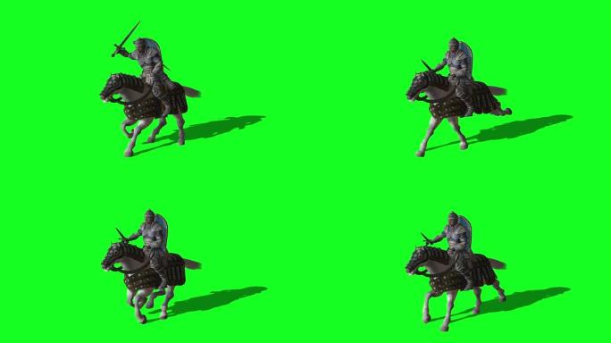 中世纪骑士骑马和与剑和盾战斗-动画在绿色屏幕上