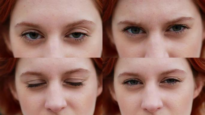 红发女人睁开眼睛与休克反应情绪的特写