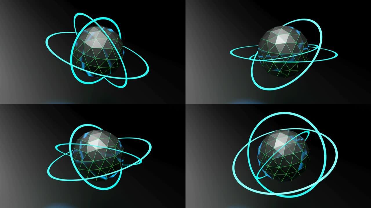 带有蓝色环的刻面球体的黑色背景-3D渲染视频剪辑