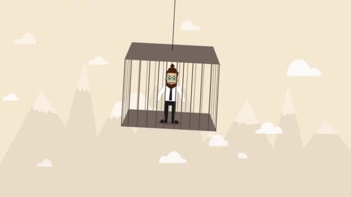 商人被关在笼子里，悬在空中 (商业概念漫画)