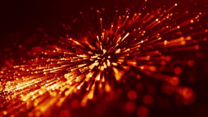 红色黄色发光粒子的4k 3d动画漂浮在粘性液体中，并与光线闪闪发光。这是明亮的节日背景，具有景深，b