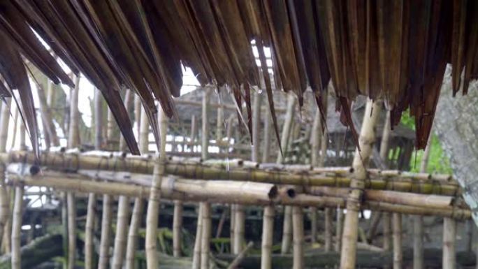 一滴水从竹屋的茅草屋顶上落下。